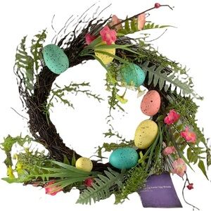 Spring Easter Egg Wreath 22” GrapeVine Stippled Pastel Eggs and Spring Flowers